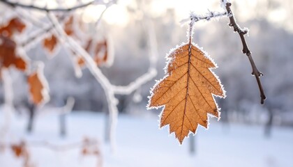 A frost-covered leaf hangs from a branch in a snowy winter scene