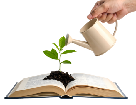 A hand gently waters a vibrant green seedling sprouting from an open book, symbolizing growth and knowledge.
