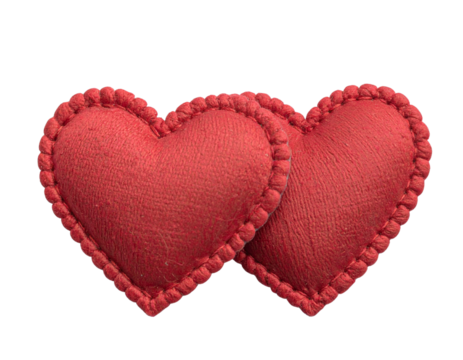  Pair of Overlapping Red Embroidered Hearts with Decorative Stitching, Isolated