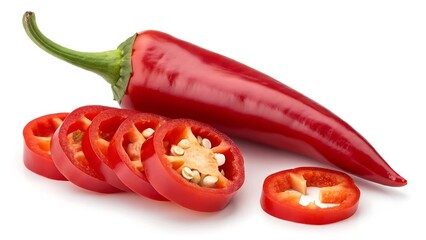 Vibrant red chili pepper sliced and whole on white background