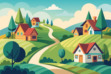 Charming countryside landscape illustration with winding path, quaint houses, and lush trees evoking a sense of peaceful rural living and storybook magic