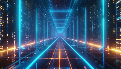 Futuristic Neon Grid Background with Glowing Blue and Yellow Lines