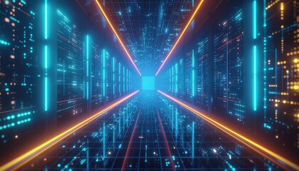 Futuristic Neon Grid Background with Glowing Blue and Yellow Lines