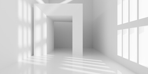 Fototapeta premium Empty blank white room interior background with large windows and separated framed area, modern stylish interior template