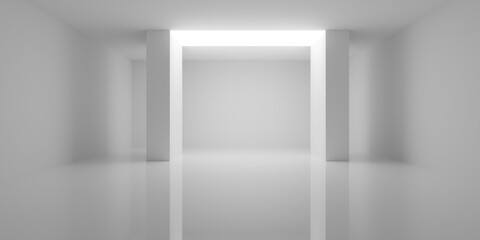 Empty blank white room background with two pillars ad large ligth in between, modern interior template