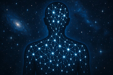 A human silhouette filled with a glowing neural network against a cosmic background of stars and a galaxy.