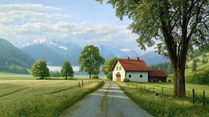 Obraz premium Peaceful Scenic Landscape with House and Mountain Backdrop