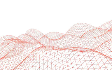 Abstract undulating geometric wireframe mesh creates a complex digital landscape on white background