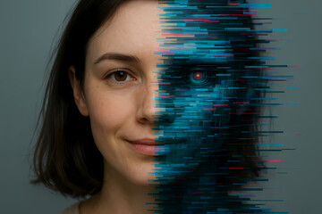 A woman's face is half human and half a futuristic AI robot with digital glitches and a glowing red eye.