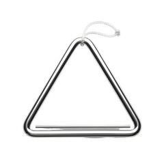 A silver triangle musical instrument with a striker suspended by a white rope on white or transparent background