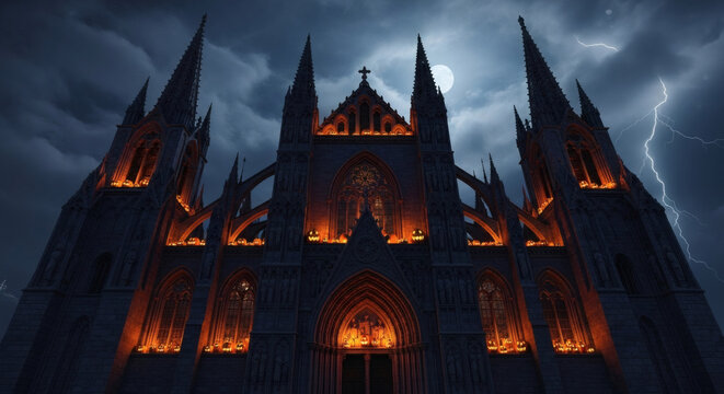 Dramatic low-angle shot of a Gothic cathedral illuminated at night during a thunderstorm with dark clouds and lightning.