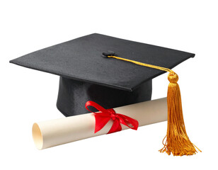Graduation Cap with Gold Tassel on Top of Diploma Scroll, Side Angle View, Isolated on Transparent Background