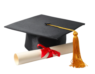 Graduation Cap with Gold Tassel on Top of Diploma Scroll, Side Angle View, Isolated on Transparent Background