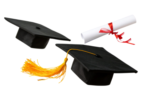 Graduation Cap Tossed in Air with Floating Diploma Scroll, Celebration Concept, Isolated