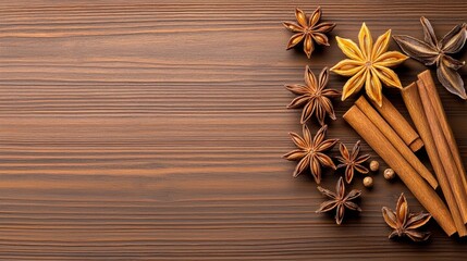 Fototapeta premium Aromatic Spices with Star Anise and Cinnamon on Wooden Background