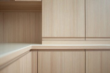 Fototapeta premium Close-up view of light beige wooden cabinetry.