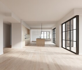 Obraz premium Open-plan, bright kitchen-living area with light-colored flooring and walls