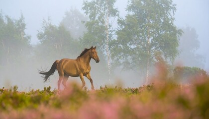 A light-brown horse moves swiftly across a field blanketed in morning mist, surrounded by hazy trees and pink wildflowers.