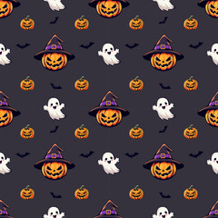 Fabric pattern in Happy Halloween theme, black background decorated with little white pumpkin ghosts at night time, can be used as a poster, greeting card, or Halloween party background.