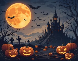 Halloween Night Scene with Haunted Castle, Full Orange Moon, Jack-o'-Lanterns, Flying Bats, and Graveyard &ndash; Fantasy Art, Spooky Landscape, Cartoon Style, Digital Illustration, Autumn Holiday Backgroun