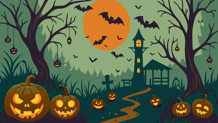 Haunted House with Pumpkins, Spooky Trees, and Full Moon – Halloween Background