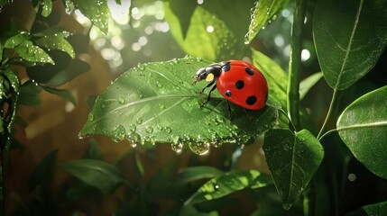 Obraz premium Bright Red Ladybug Crawling on Leaf with Dew Drops in Nature