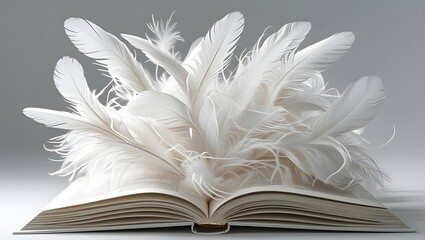 Feathered Pages: The image depicts an open book overflowing with fluffy white feathers, symbolizing creativity, knowledge, and inspiration.