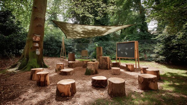 Wooden outdoor classroom in a forest