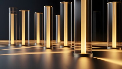 Obraz premium Abstract Glass Pillars: An artistic, close-up composition features rows of elegant glass pillars illuminated by soft, warm light, creating a mesmerizing play of reflection and shadow against a dark.