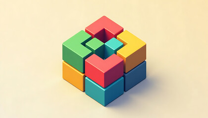 Obraz premium Colorful 3D Geometric Puzzle Abstract Illustration on Beige Background Modern Art Design