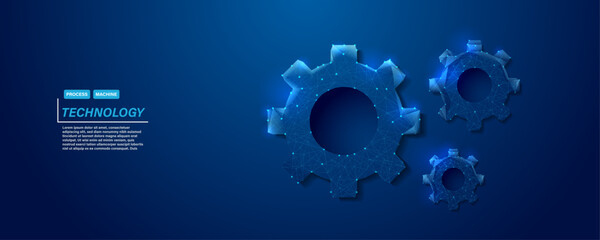 Polygonal low poly wireframe gears background with glowing blue digital technology elements and futuristic industrial engineering design © Vector4all