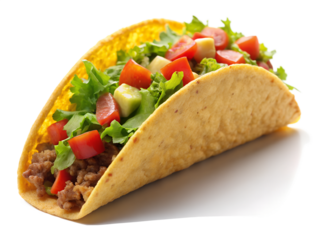 Delicious taco isolated on transparent background, a classic mexican food with seasoned beef, fresh lettuce, tomato, and cheese in a crispy corn tortilla