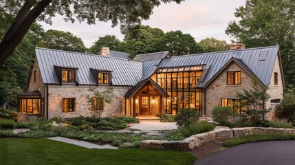 Naklejka premium Modern farmhouse, stone facade, evening light