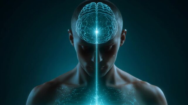 A man's head is shown in a blue light. The head is split in half. Futuristic silhouette human body with glowing gut and light beam connecting to glowing brain, gut brain axis, blue teal sci-tech style