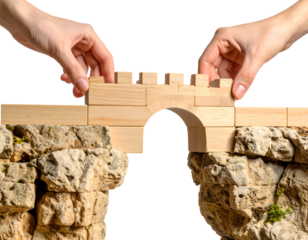 Human hands construct a wooden arch bridge connecting two rocky cliffs, symbolizing unity and progress.