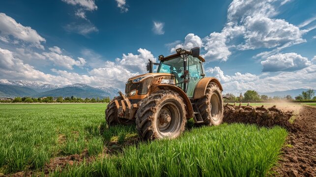 Tractor plowing a lush green field under a bright sky in springtime