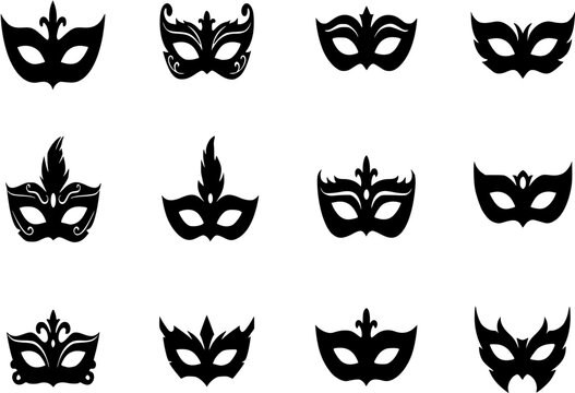Mask superhero or carnival villain vector icon set. Black masquerade costume eye mask silhouette hidden person face. Simple design incognito party masque shape clip art illustration.