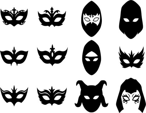 Mask superhero or carnival villain vector icon set. Black masquerade costume eye mask silhouette hidden person face. Simple design incognito party masque shape clip art illustration.