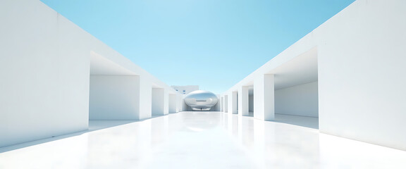 Modern Architectural Perspective: A Minimalist White Design Featuring Clean Lines and Bright Skies in a Futuristic Style