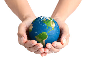 Human hands tenderly holding a miniature Earth, representing global responsibility and environmental protection.