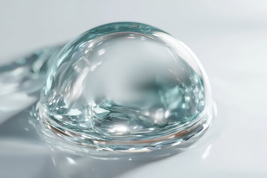 Clear water droplet resting on a smooth surface with soft reflections and light refraction