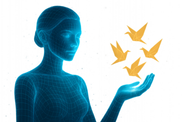 A blue digital wireframe woman holds four golden origami birds floating above her glowing hand.