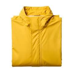 Folded bright yellow hooded raincoat on white or transparent background neat and compact