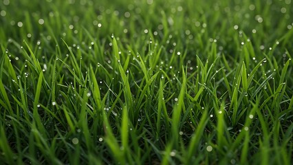 Macro View of Lush Green Grass Blades with Morning Dew