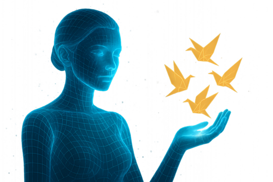A blue digital wireframe woman holds four golden origami birds floating above her glowing hand. - Powered by Adobe