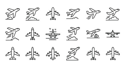 Naklejka premium Collection of minimalist airplane icons depicting takeoff landing and flight concepts featuring simple black line drawings on a white background