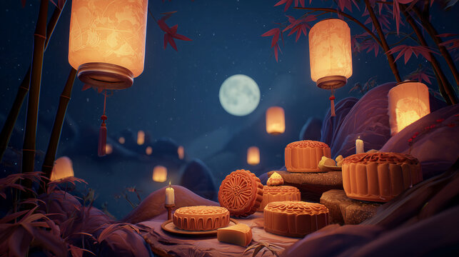Moonlit Mid-Autumn Festival scene with glowing lanterns and mooncakes - Powered by Adobe