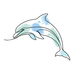 Obraz premium Single line drawing of a dolphin with watercolor splashes in blue and green marine life ocean