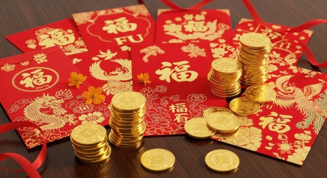 Golden coins atop red envelopes with lucky symbols, scattered flowers and red ribbons on a dark surface