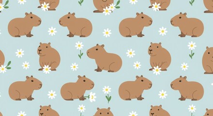 Cute Capybara Seamless Pattern with Daisies